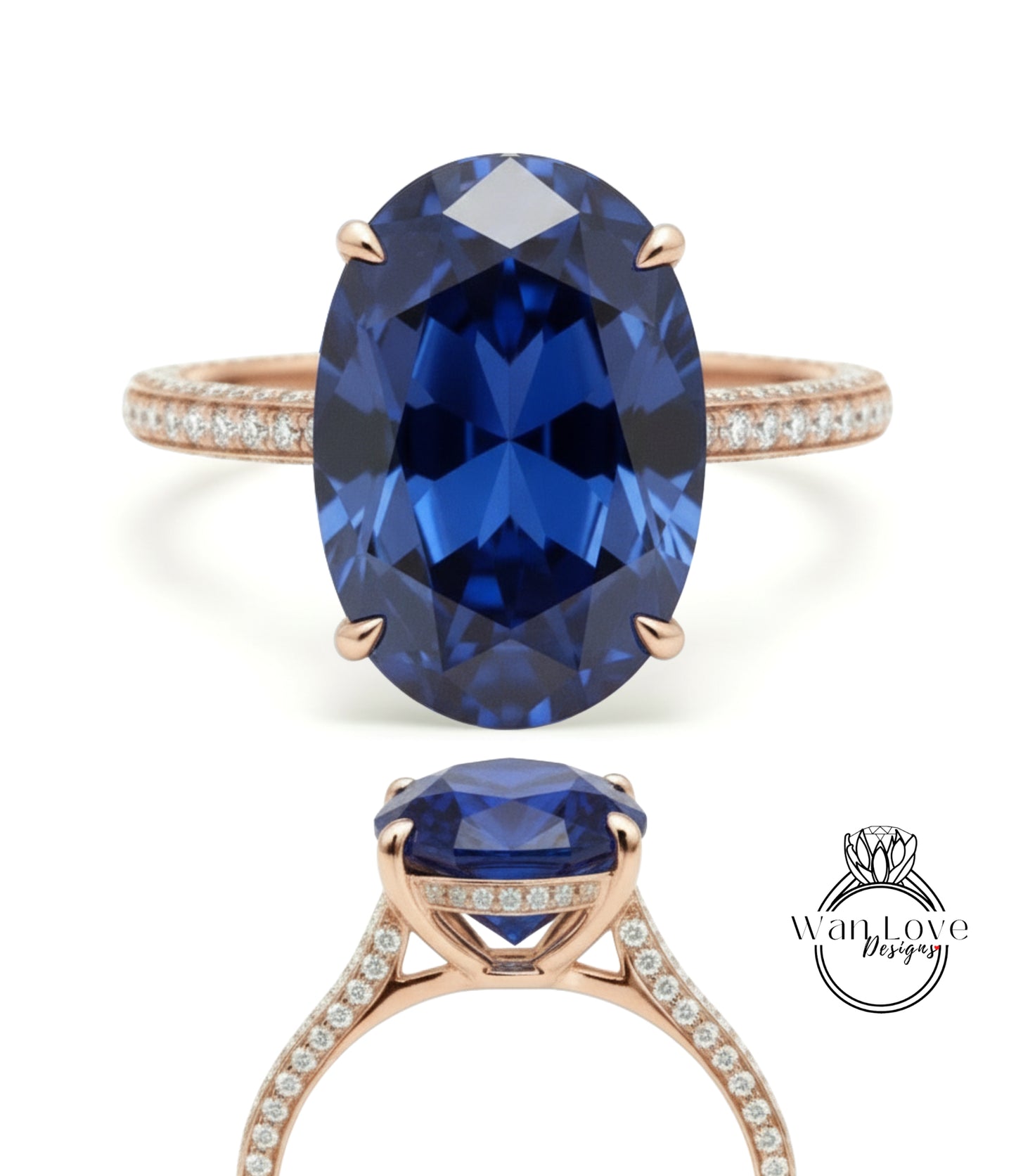 Blue Sapphire & Diamond Oval side halo 3 sided Almost eternity shank band Engagement Ring 14k/18k Rose White Gold, Celebrity Elongated Oval Bridal wedding Ring, Anniversary Gift