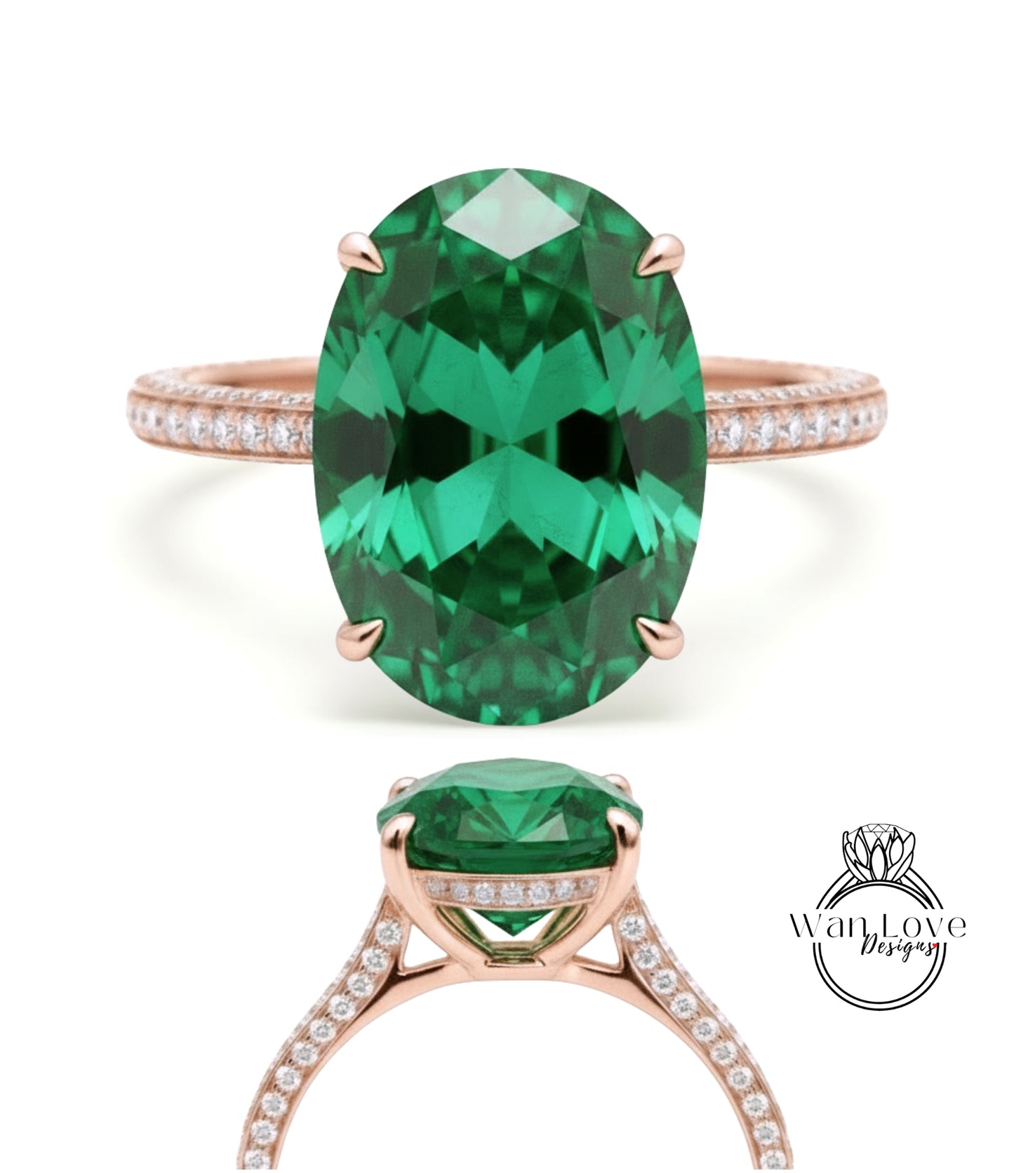 Celebrity style engagement ring 9ct Oval Emerald hidden halo rose gold almost eternity band black diamond bridal ring Promise Anniversary