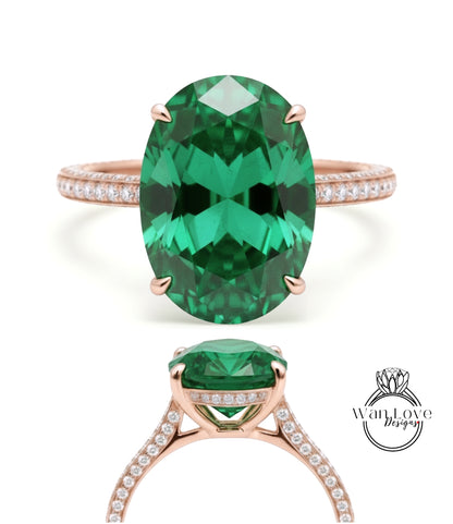 Celebrity style engagement ring 9ct Oval Emerald hidden halo rose gold almost eternity band black diamond bridal ring Promise Anniversary