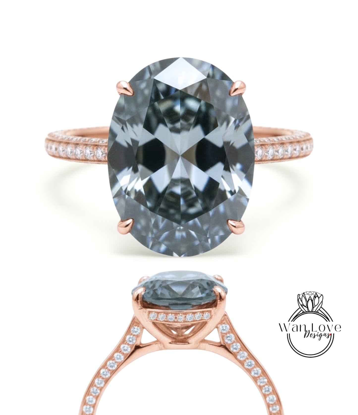 9ct Oval Gray Moissanite & Diamonds Oval Engagement Ring, Celebrity style Ring, Oval Moissanite Wedding Ring, Bridal Ring Design, Gift her