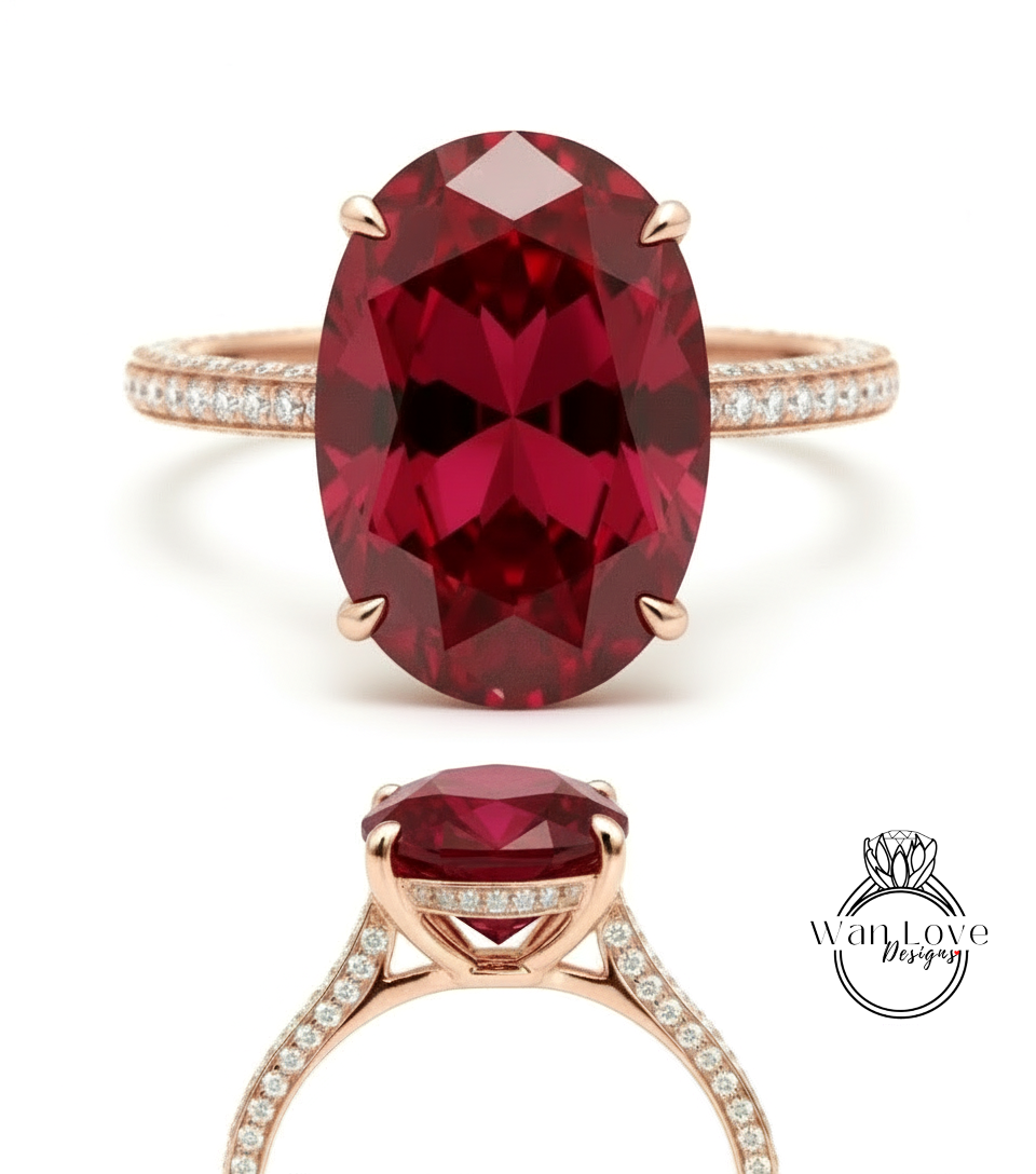 Ruby & Diamond Oval side halo 3 sided Almost eternity shank band Engagement Ring 14k/18k Rose White Gold, Celebrity Elongated Oval Bridal wedding Ring, Anniversary Gift