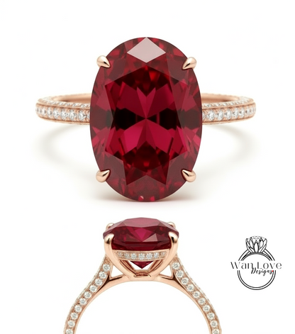 Ruby & Diamond Oval side halo 3 sided Almost eternity shank band Engagement Ring 14k/18k Rose White Gold, Celebrity Elongated Oval Bridal wedding Ring, Anniversary Gift