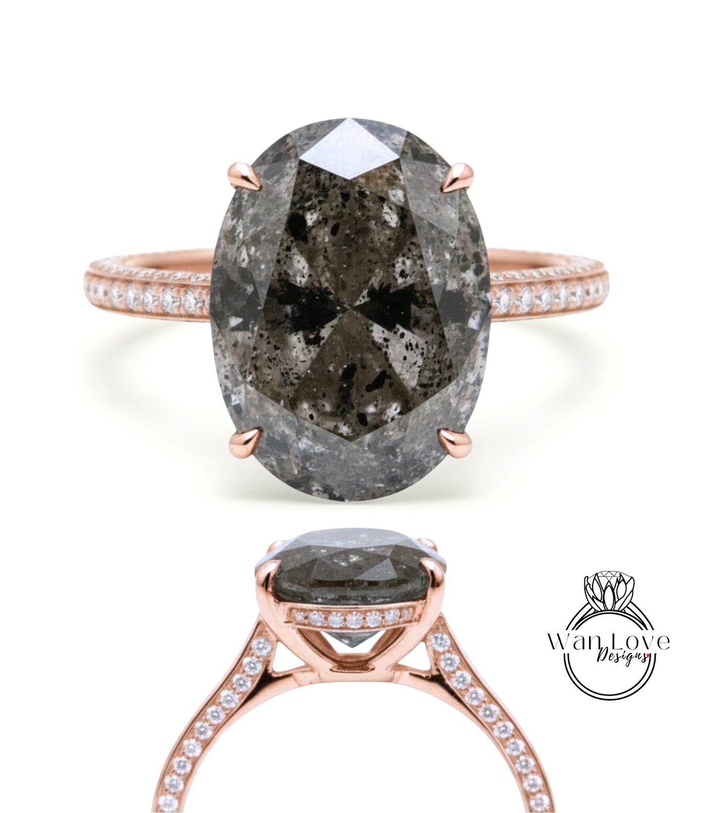 Salt & Pepper Diamond Oval side halo 3 sided Almost eternity shank band Engagement Ring 14k/18k Rose White Gold, Celebrity Elongated Oval Bridal wedding Ring, Anniversary Gift