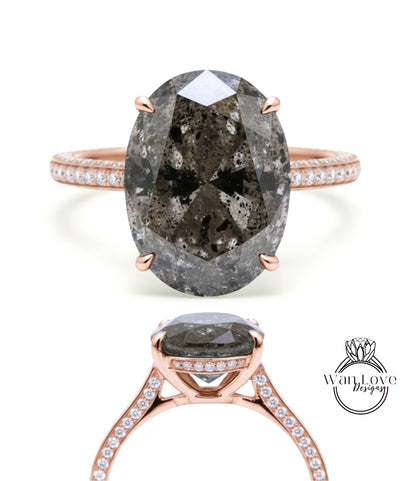 Salt & Pepper Diamond Oval side halo 3 sided Almost eternity shank band Engagement Ring 14k/18k Rose White Gold, Celebrity Elongated Oval Bridal wedding Ring, Anniversary Gift