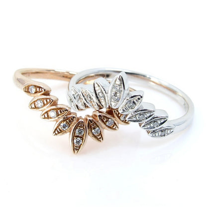 Moissanite Curved Nesting 9 Leaf Wedding Band Contoured moissanite Matching Flush ring White or Rose Gold curved bridal leaf ring-Ready Wan Love Designs