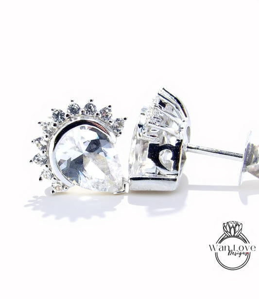 White Sapphire Semi Bezel Pear Crown Half Halo Stud Earrings vintage wedding jewelry white gold art deco earrings pear stud anniversary gift