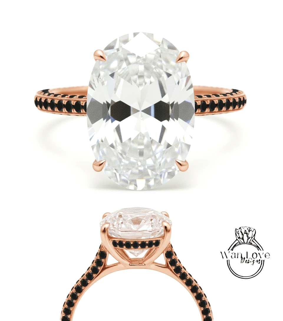 a large, clear diamond engagement ring with a gold band and black accents.