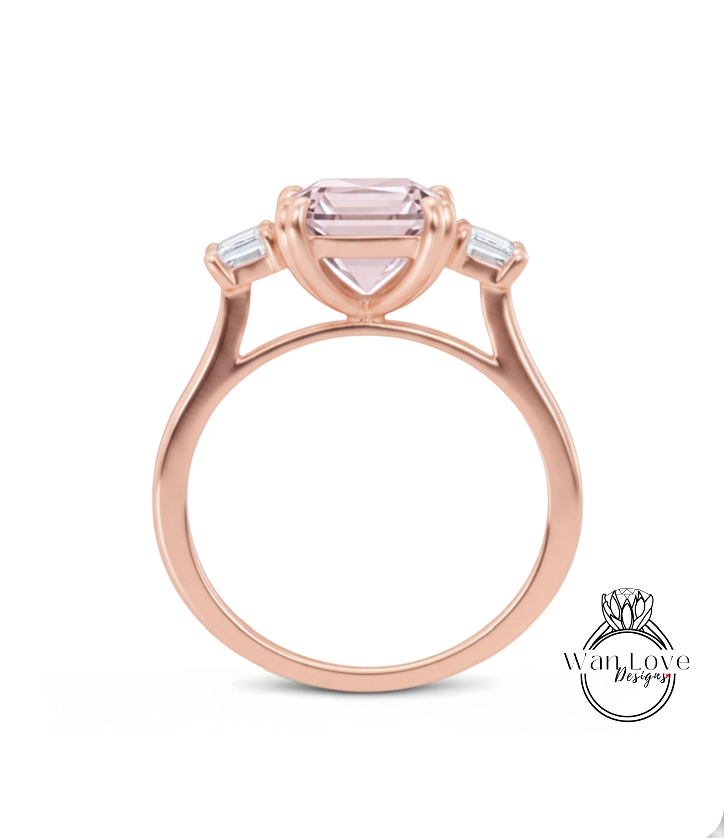 A rose gold ring with a large pink gemstone set in the center, surrounded by smaller stones.