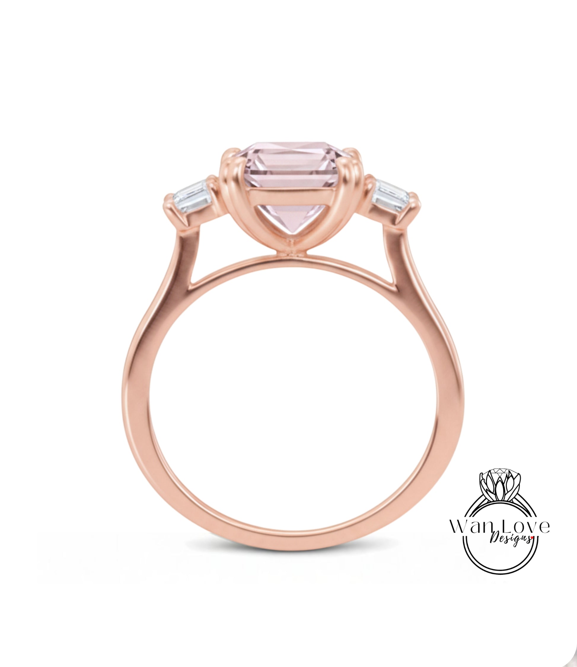 A rose gold ring with a large pink gemstone set in the center, surrounded by smaller stones.
