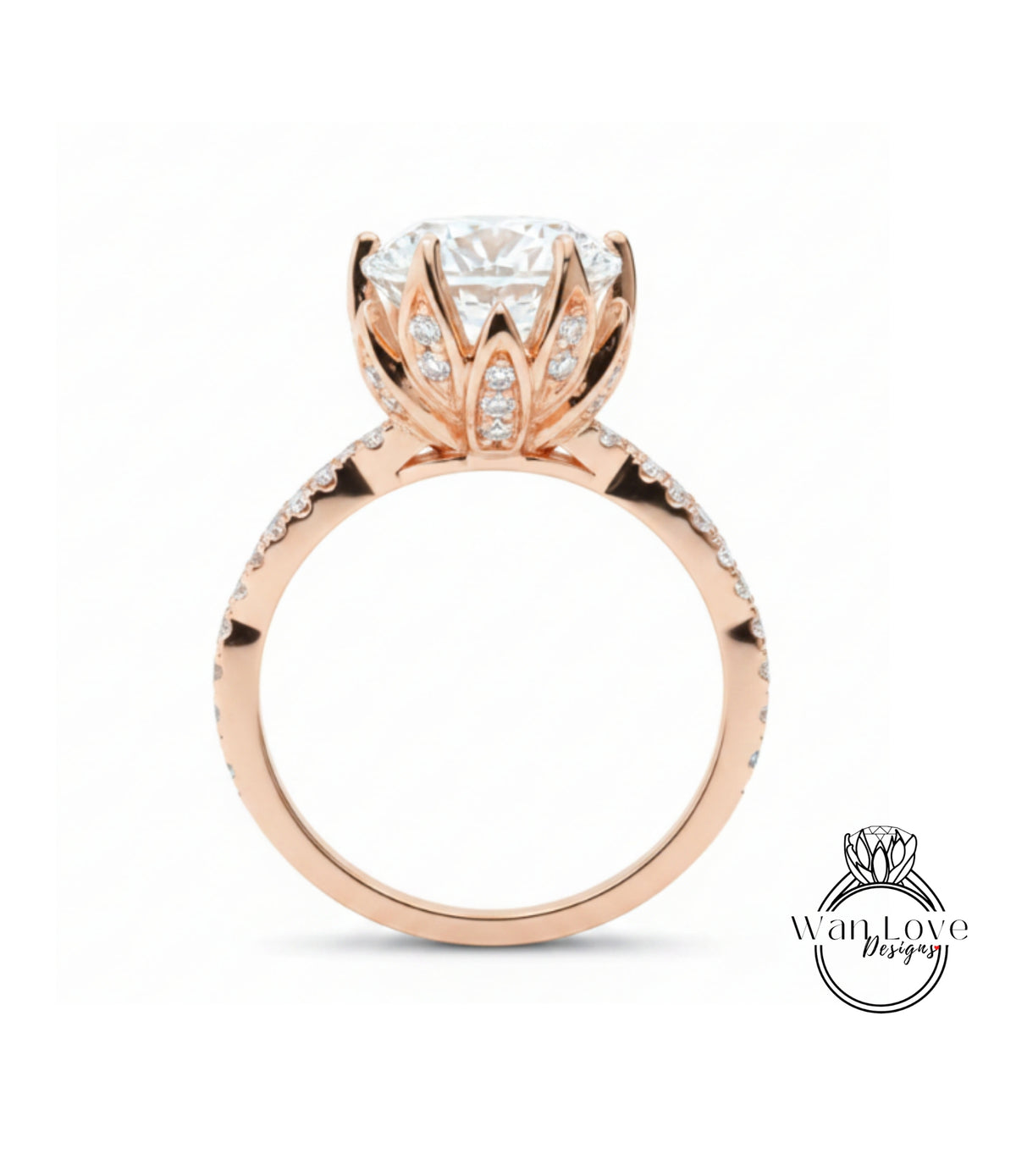 A rose gold engagement ring with a large, round diamond set in the center, surrounded by smaller diamonds.