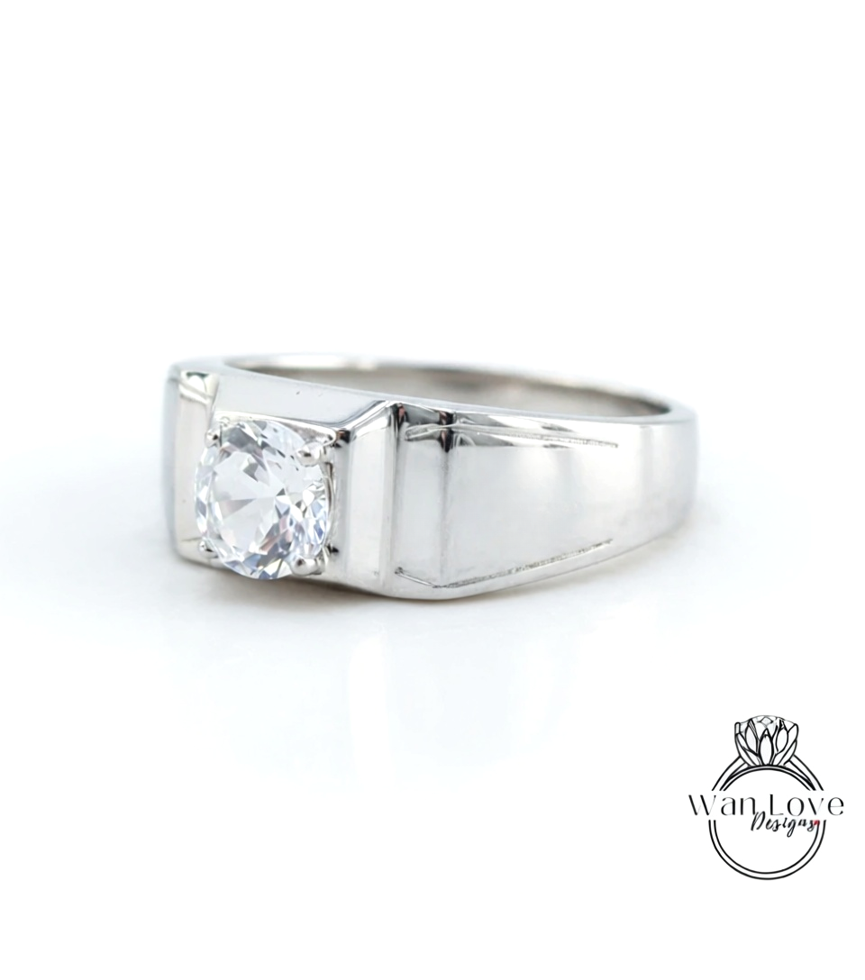 1ct White Sapphire Ring Wedding Band, Mens Wedding Ring, Mans Wedding Band, Solitaire Ring, Round Mens Wedding Ring, 6mm-Ready to Ship