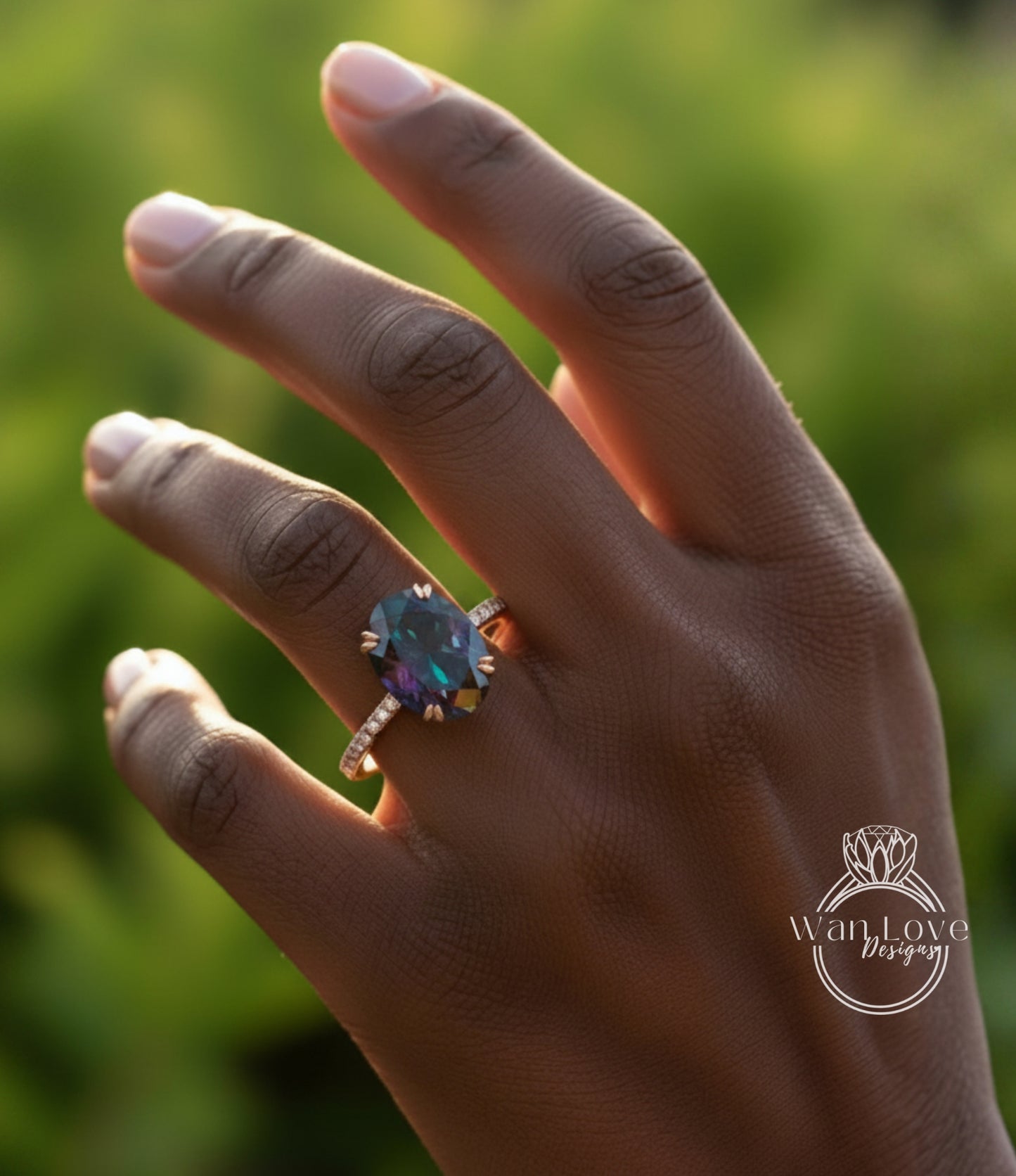 A close-up of a hand wearing a ring with a large, colorful gemstone.