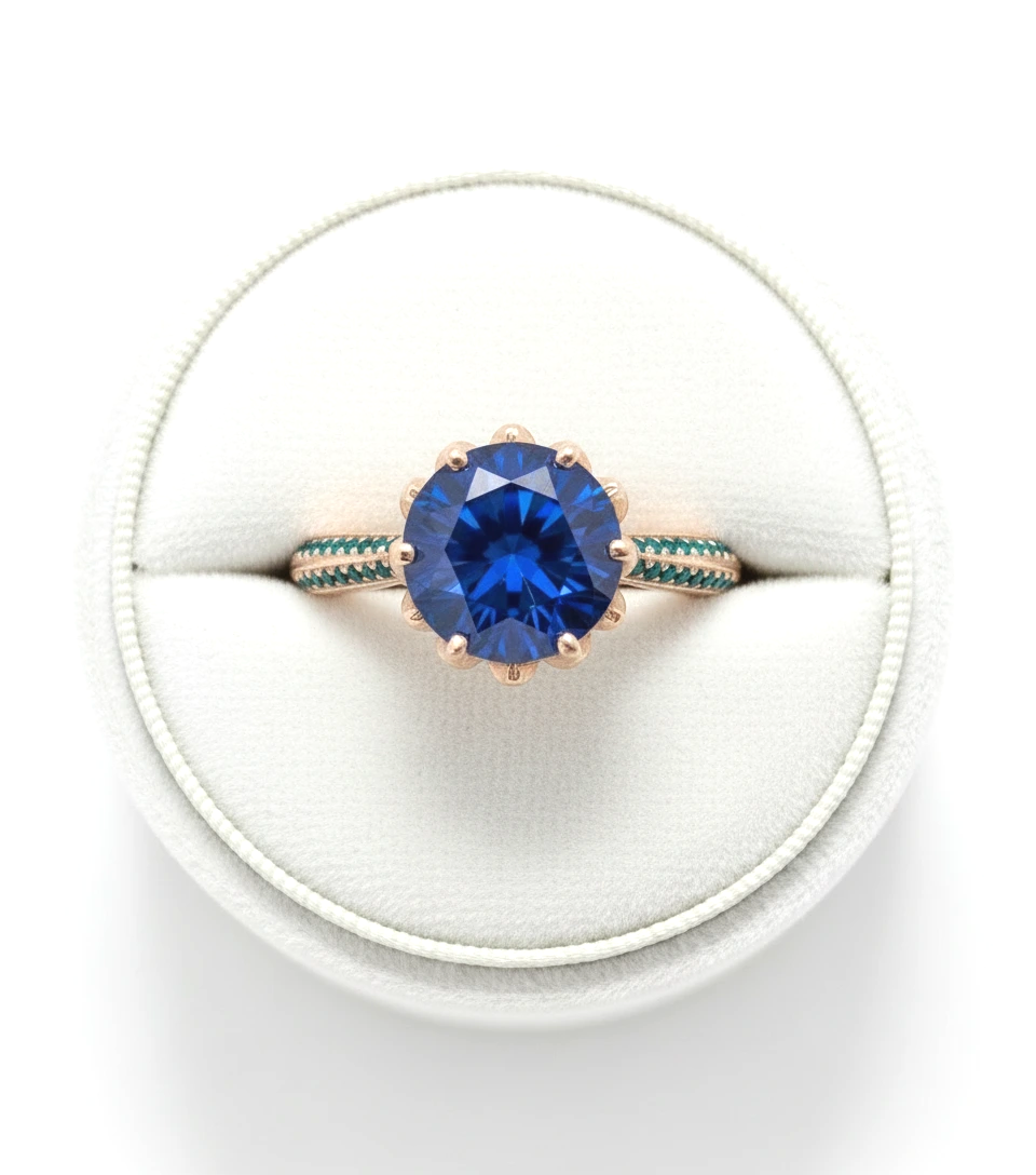 A large blue gemstone ring is displayed in a white jewelry box.