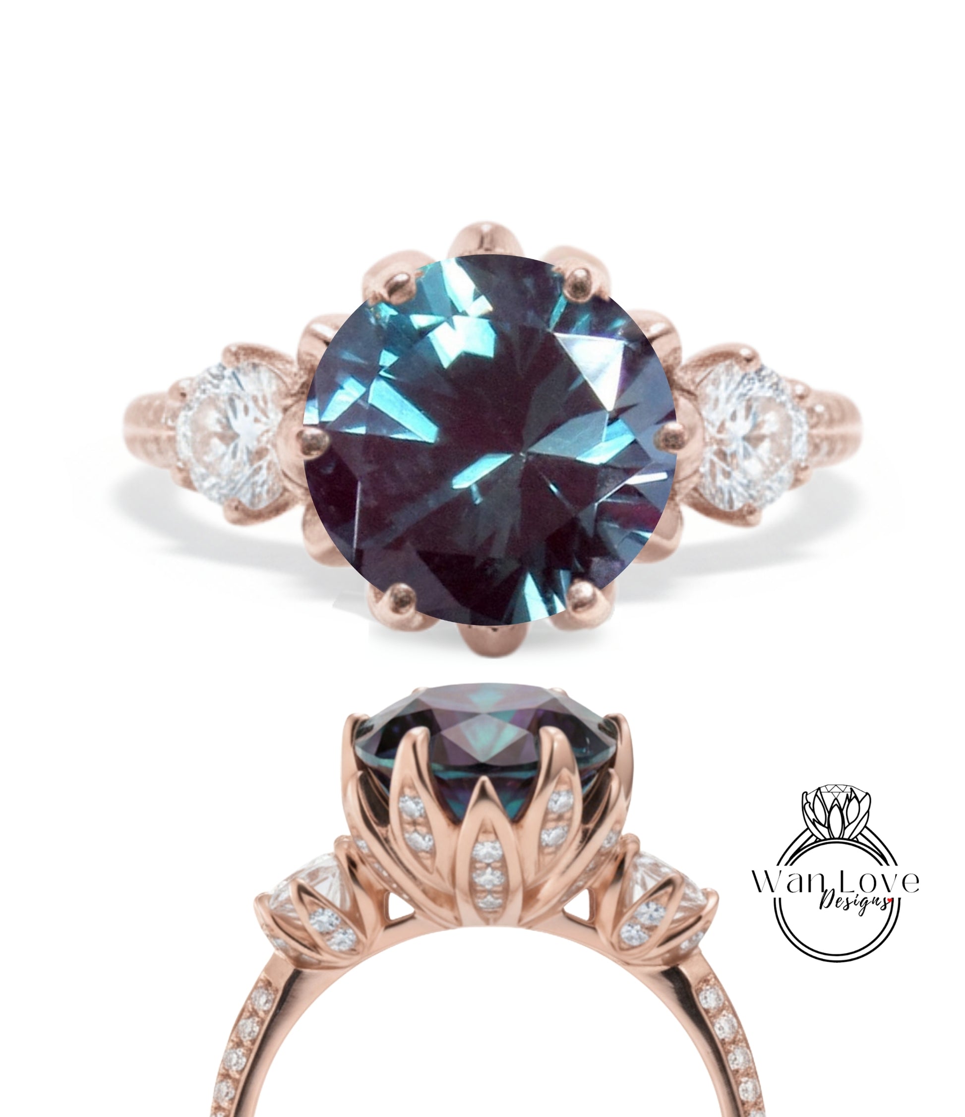 a beautiful engagement ring with a large blue gemstone set in a rose gold band. The ring is adorned with smaller diamonds and has a delicate floral design around the gemstone.