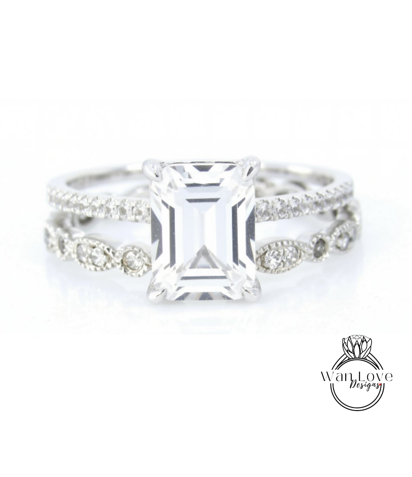 A close-up view of a diamond engagement ring with a large, clear gemstone set in a silver band.