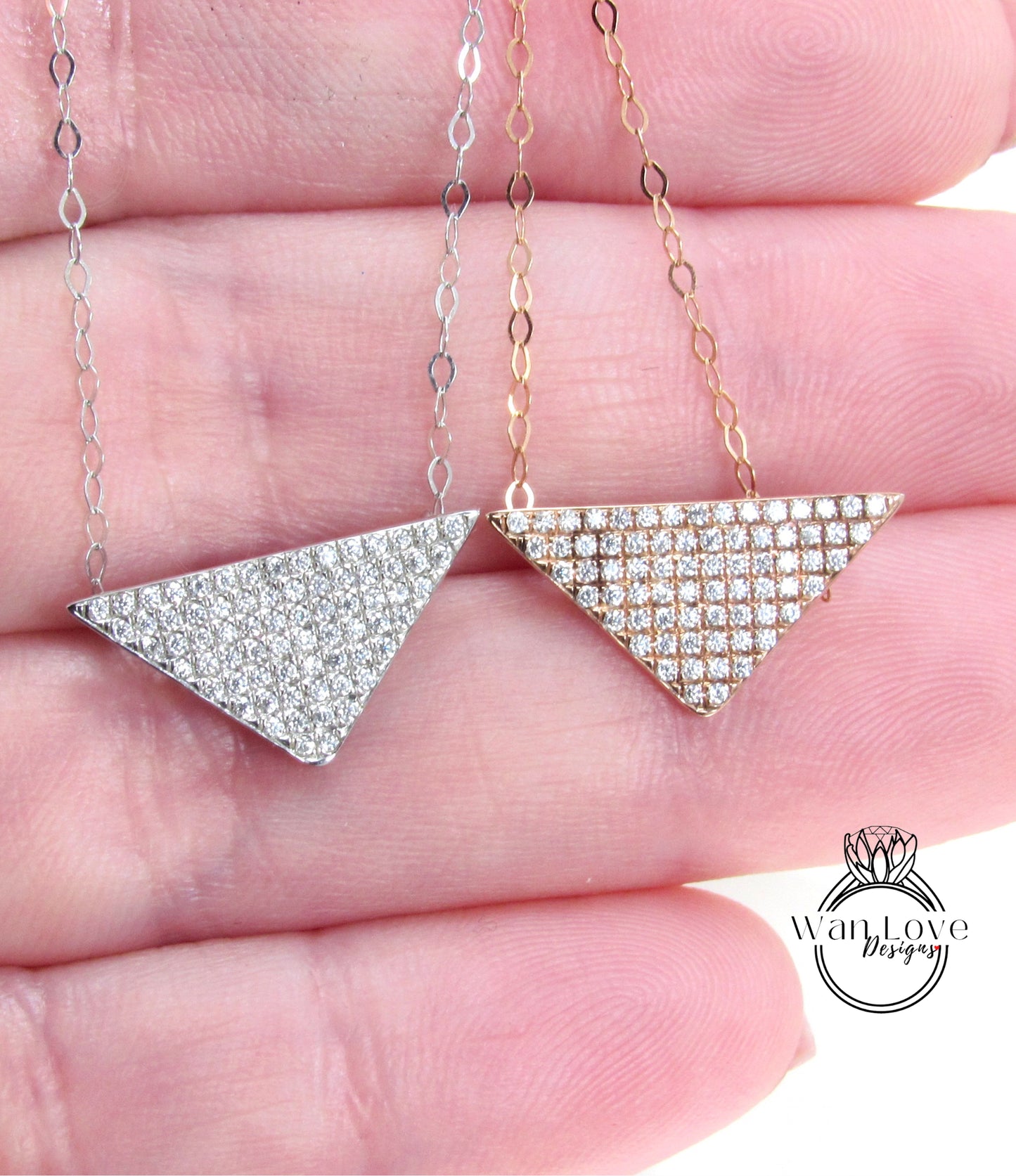 Moissanite Pave Triangle Layering Necklace Charm Art Deco round cut pave moissanite Charm necklace White or Rose Gold dainty chain, Ready