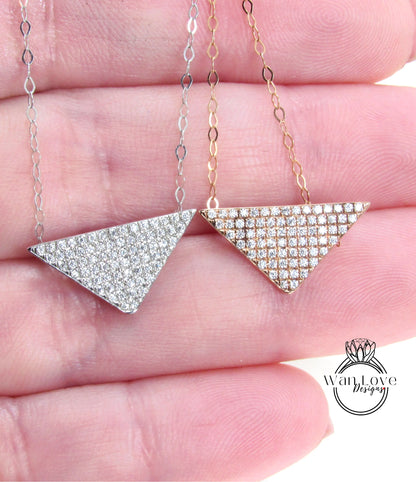 Moissanite Pave Triangle Layering Necklace Charm Art Deco round cut pave moissanite Charm necklace White or Rose Gold dainty chain, Ready