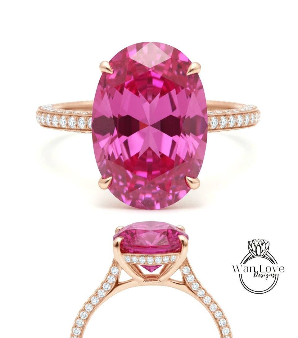 a large, oval-shaped pink gemstone set in a gold ring with a halo of smaller diamonds around the edge.