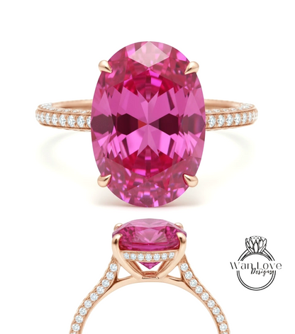 a large, oval-shaped pink gemstone set in a gold ring with a halo of smaller diamonds around the edge.
