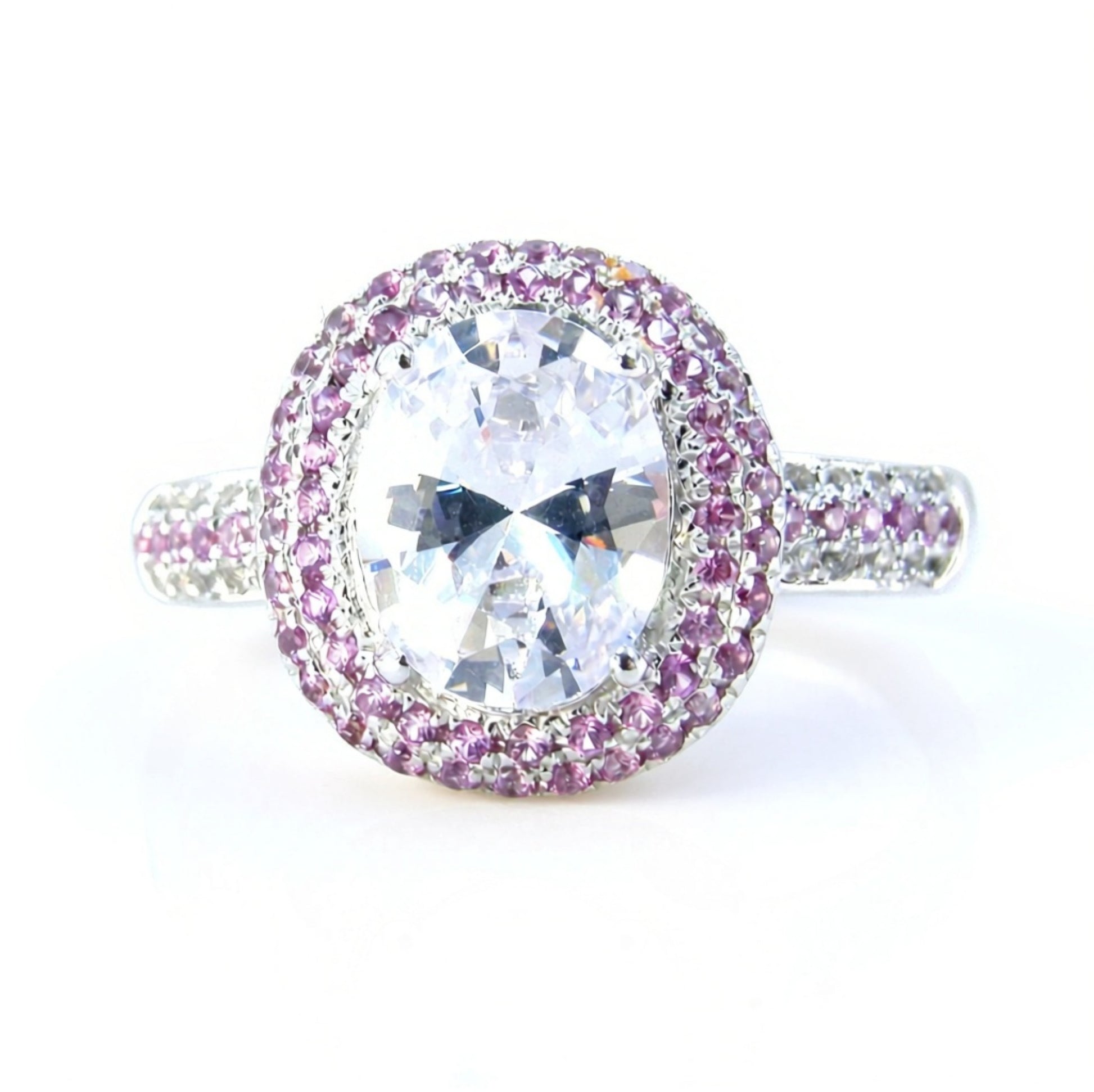 Lab Diamond White & Pink Sapphire Pave 2 Double Halo 3 Row Band Engagement Ring 3ct Oval pave white pink sapphire Anniversary Gift-Ready Wan Love Designs