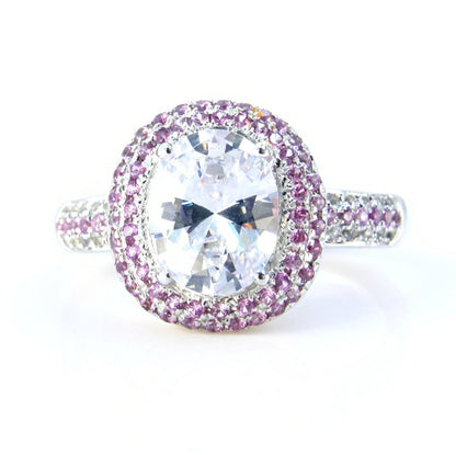 Lab Diamond White & Pink Sapphire Pave 2 Double Halo 3 Row Band Engagement Ring 3ct Oval pave white pink sapphire Anniversary Gift-Ready Wan Love Designs
