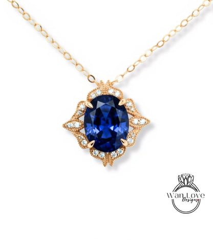 Luxury Blue Sapphire Charm, Oval Cut Blue Sapphire Milgrain Diamond Halo Necklace, Birthstone Pendant, Diamond Wedding Charm Gift For Her