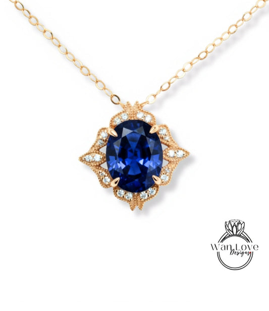 Luxury Blue Sapphire Charm, Oval Cut Blue Sapphire Milgrain Diamond Halo Necklace, Birthstone Pendant, Diamond Wedding Charm Gift For Her