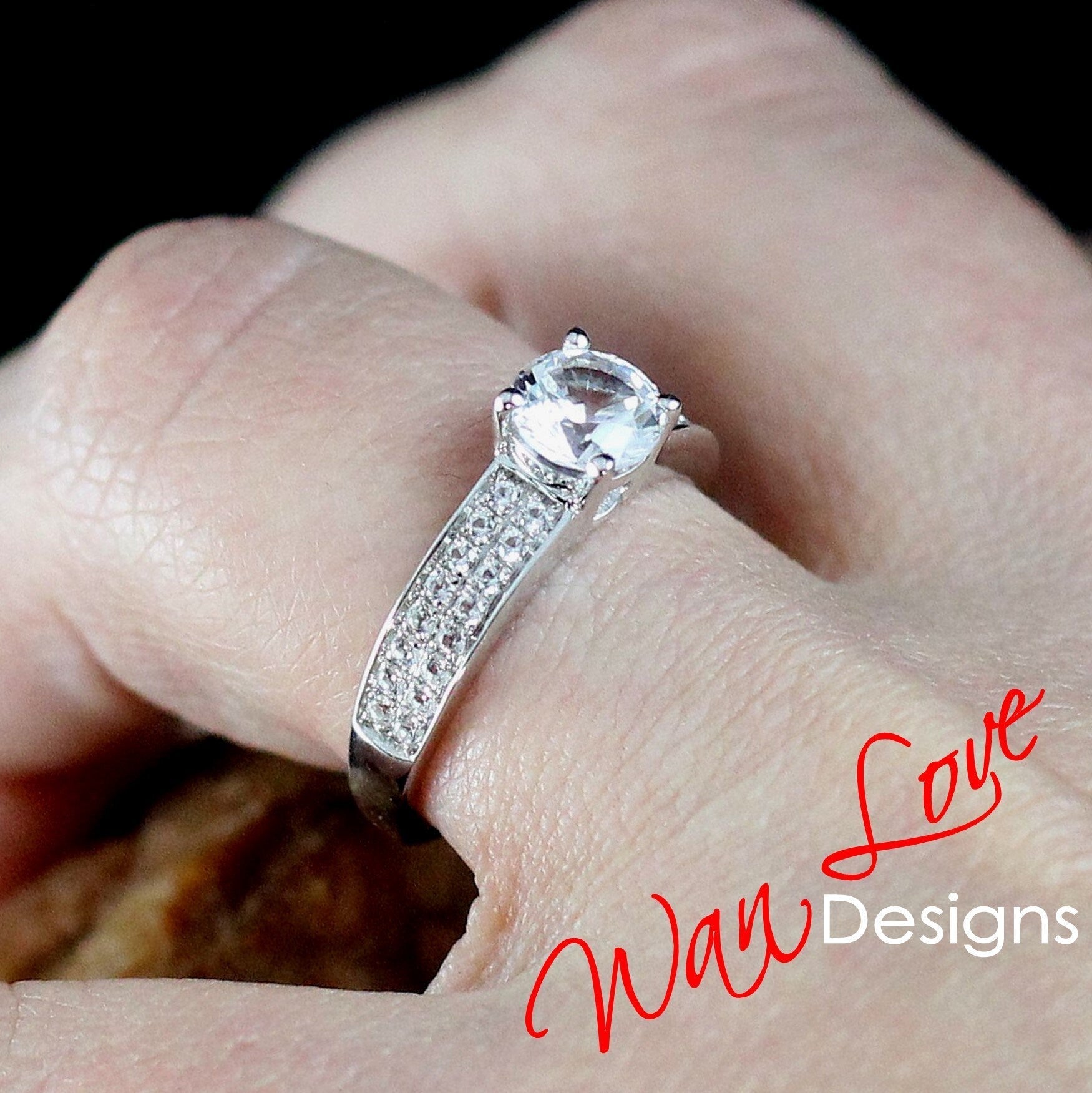 1CT Round Cut White Sapphire Engagement Ring, 2 row Pave Set Band, White Sapphire ring, Round Bridal Ring, Statement Ring, Ready to ship Wan Love Designs