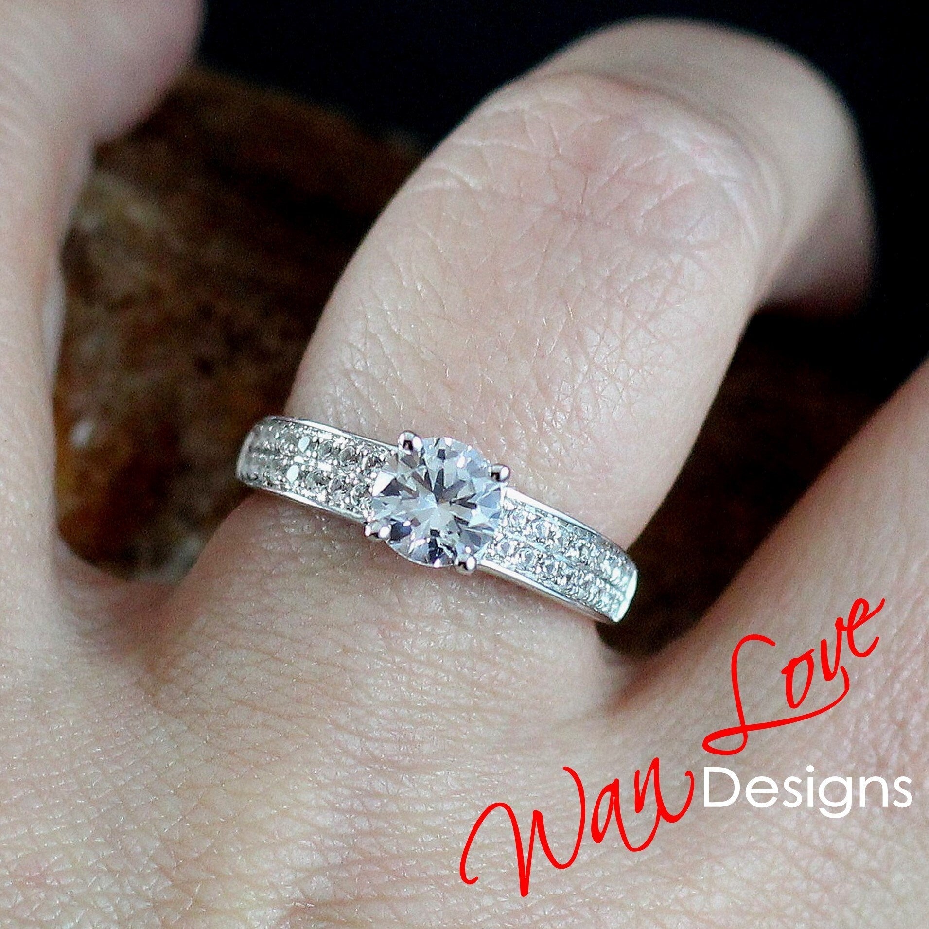 1CT Round Cut White Sapphire Engagement Ring, 2 row Pave Set Band, White Sapphire ring, Round Bridal Ring, Statement Ring, Ready to ship Wan Love Designs