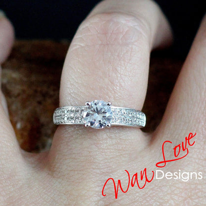 1CT Round Cut White Sapphire Engagement Ring, 2 row Pave Set Band, White Sapphire ring, Round Bridal Ring, Statement Ring, Ready to ship Wan Love Designs