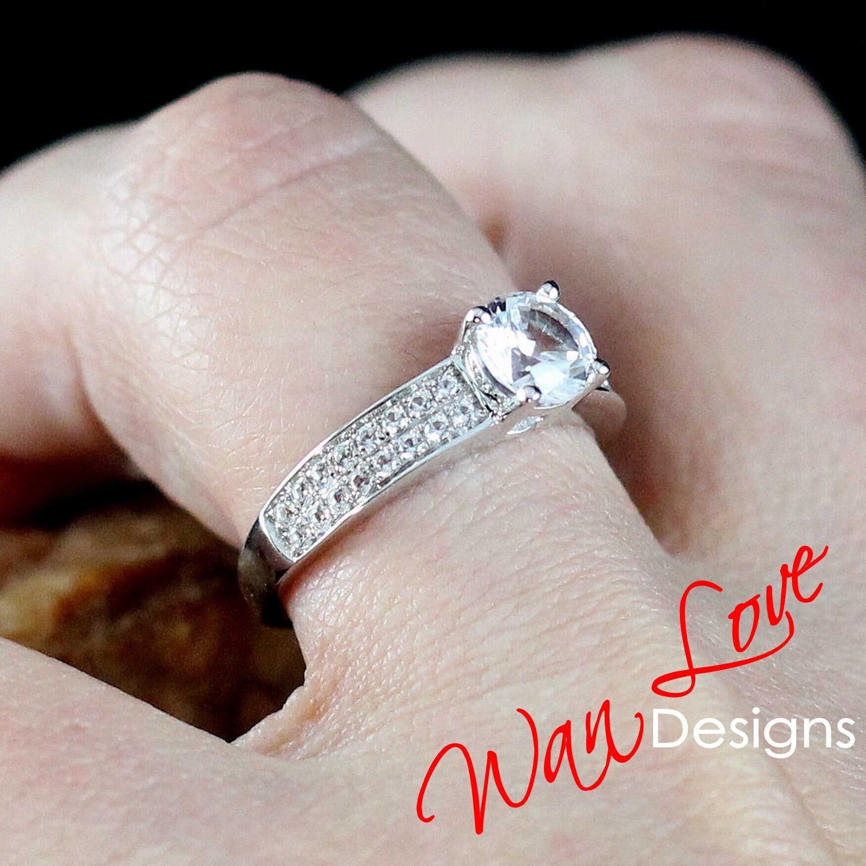 1CT Round Cut White Sapphire Engagement Ring, 2 row Pave Set Band, White Sapphire ring, Round Bridal Ring, Statement Ring, Ready to ship Wan Love Designs