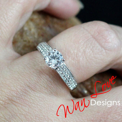 1CT Round Cut White Sapphire Engagement Ring, 2 row Pave Set Band, White Sapphire ring, Round Bridal Ring, Statement Ring, Ready to ship Wan Love Designs