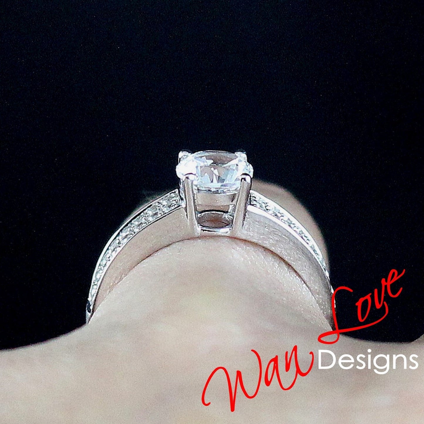 1CT Round Cut White Sapphire Engagement Ring, 2 row Pave Set Band, White Sapphire ring, Round Bridal Ring, Statement Ring, Ready to ship Wan Love Designs