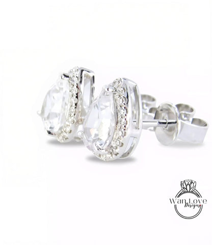 Ready to Ship 1ct ea 2ct 7x5mm White Sapphire Pear Halo Stud Earrings Custom Wedding Jewelry Anniversary Gift Wan Love Designs