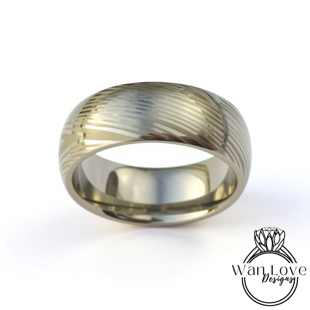 Tungsten Damascus Ring - Black Mokume Gane Tungsten - 8mm Mokume Damascus Band - Silver Blue Mokume - Mokume Wedding Bands - Mokumegane Wan Love Designs