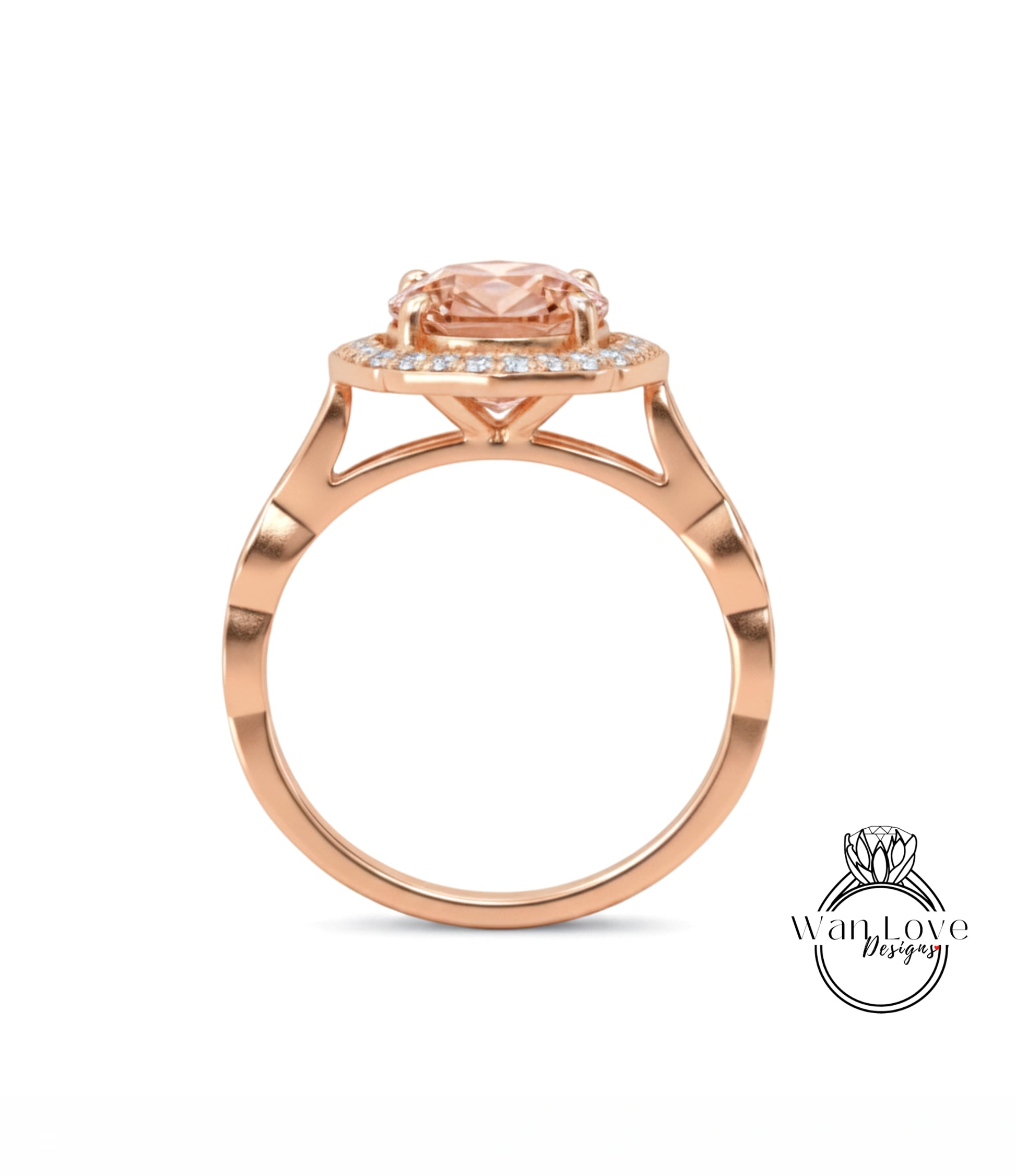 A rose gold ring with a large pink gemstone set in the center, surrounded by smaller diamonds.