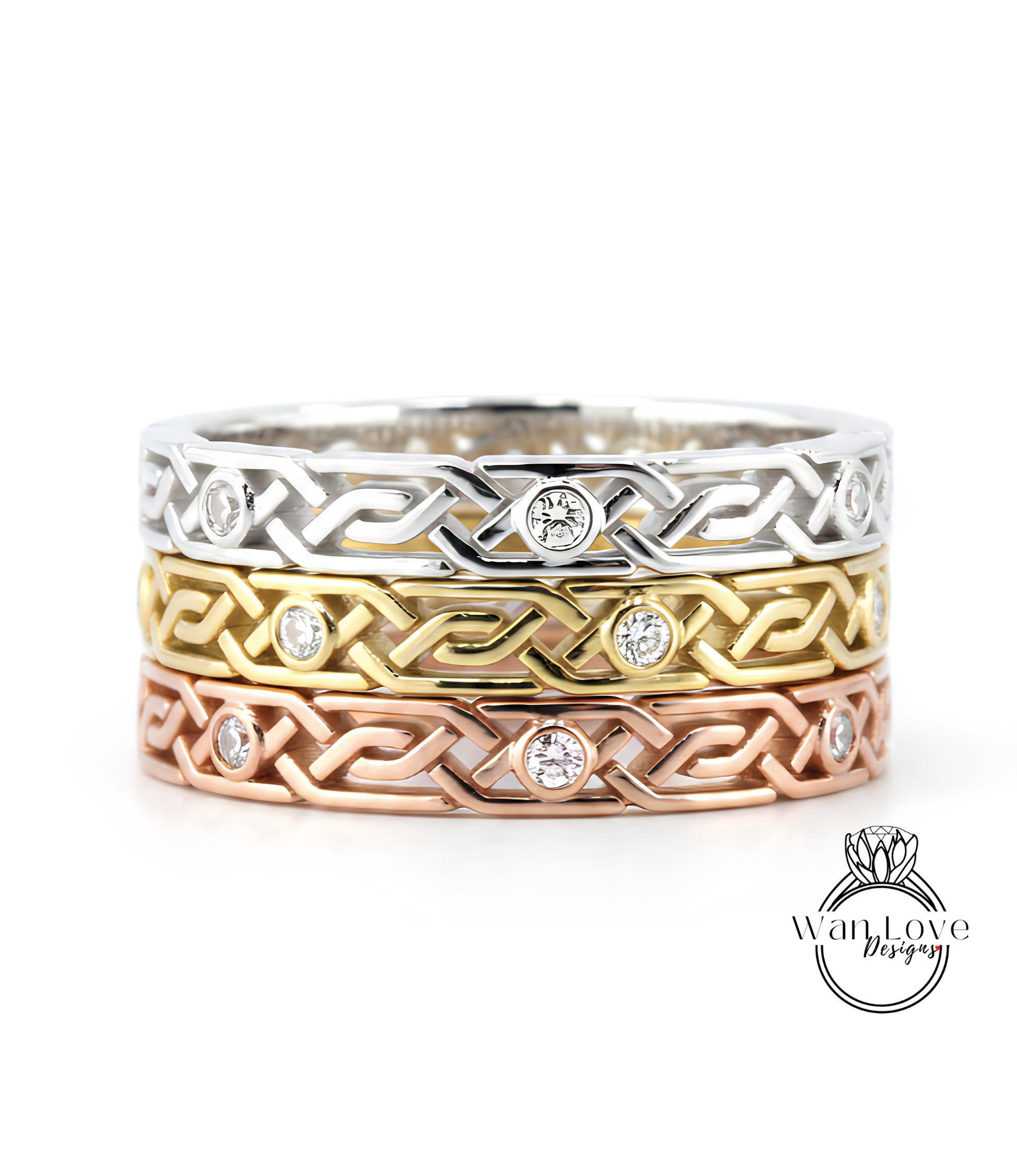 A ring with a Celtic knot design and small diamonds set in it, in various colors including silver, gold, and copper.
