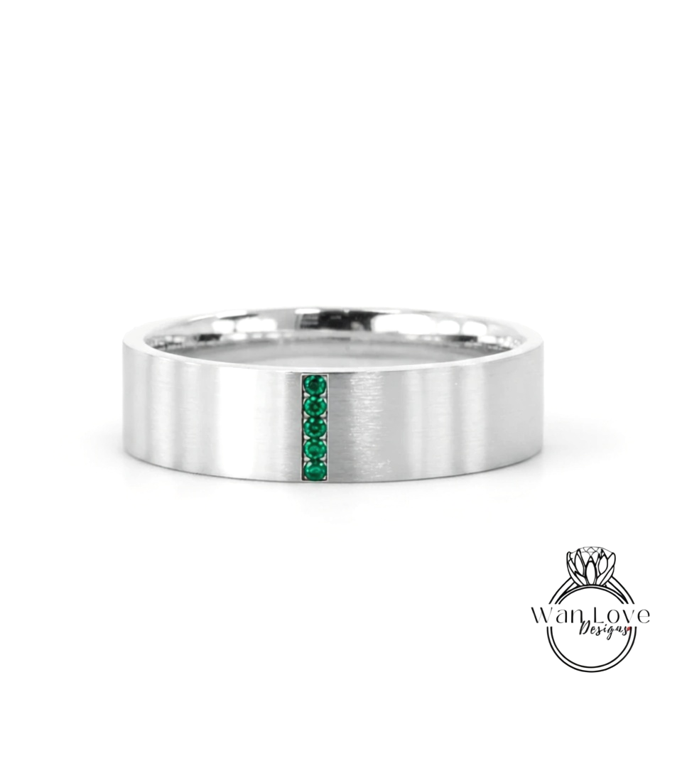 Solid gold men band flat wedding band Vintage Art deco Saphire band 14k solid white gold wedding band unique Bridal ring Anniversary Gift