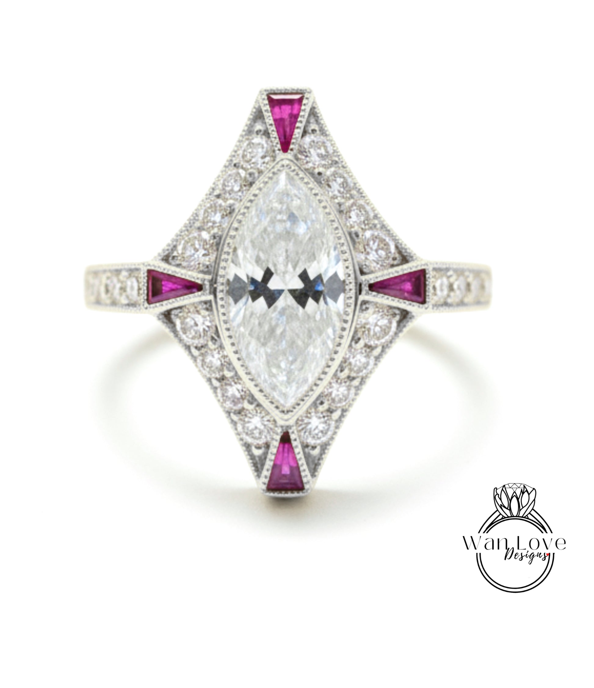 A diamond engagement ring with a large central diamond surrounded by smaller diamonds and red gemstones.