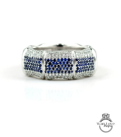Blue Sapphire & Lab Diamond Bamboo Wedding Band, Mens, Mans Ring, CZ, Custom, Engagement, Anniversary Gift, Commitment, Ready to Ship