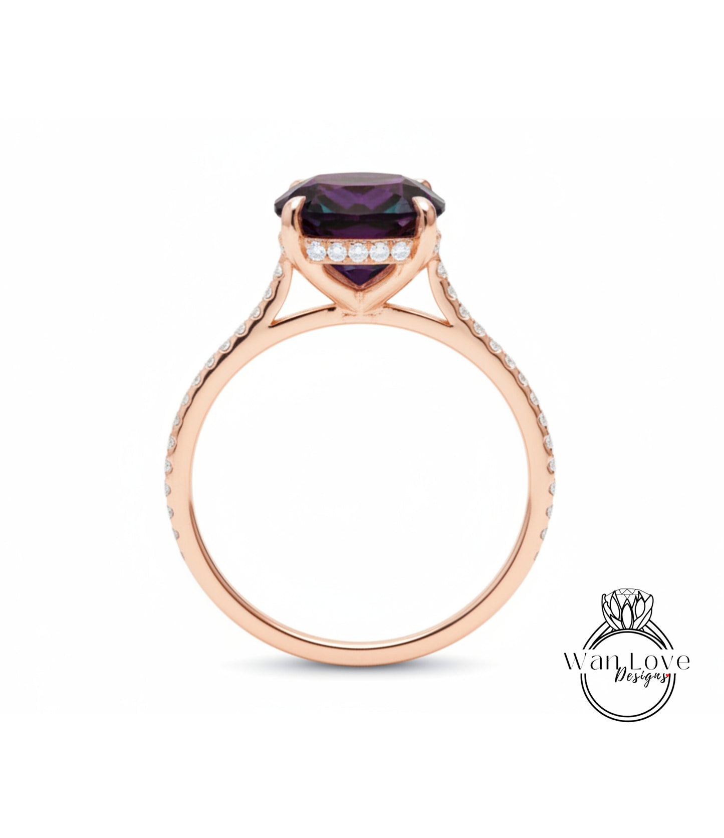 A rose gold engagement ring with a large purple gemstone set in the center, surrounded by smaller diamonds.