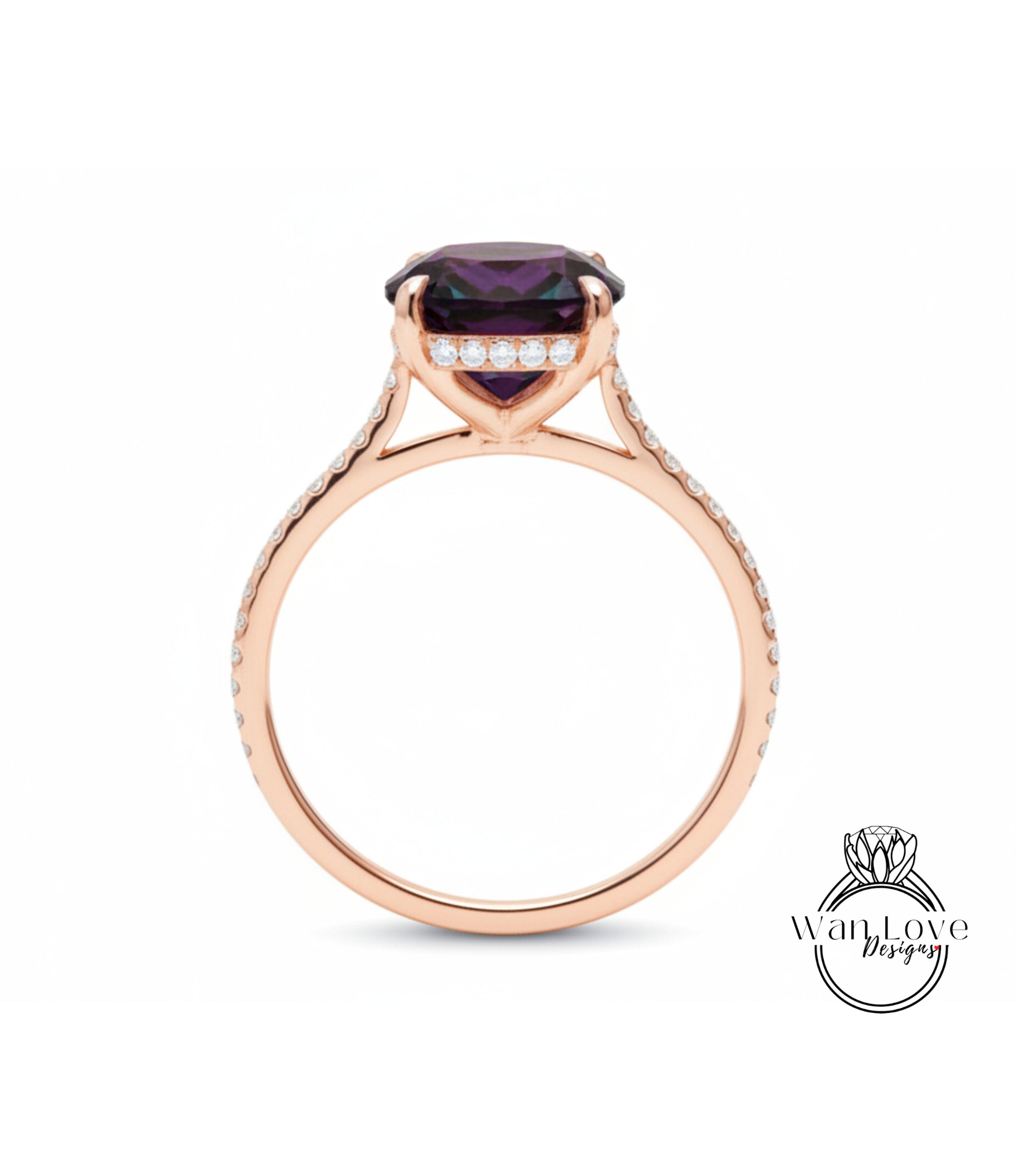 A rose gold engagement ring with a large purple gemstone set in the center, surrounded by smaller diamonds.