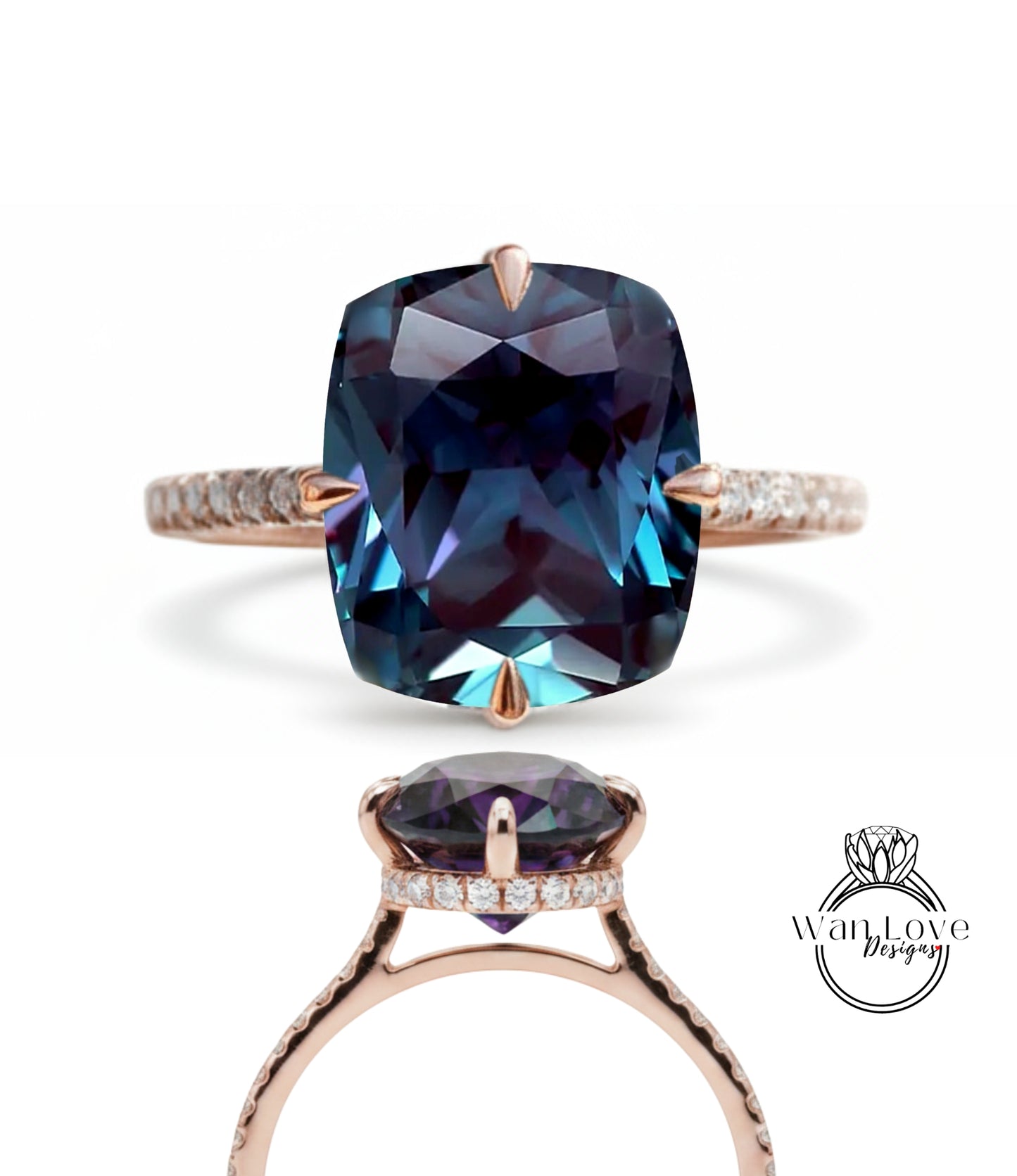 a large, blue gemstone ring with a rose gold band and a diamond accent.