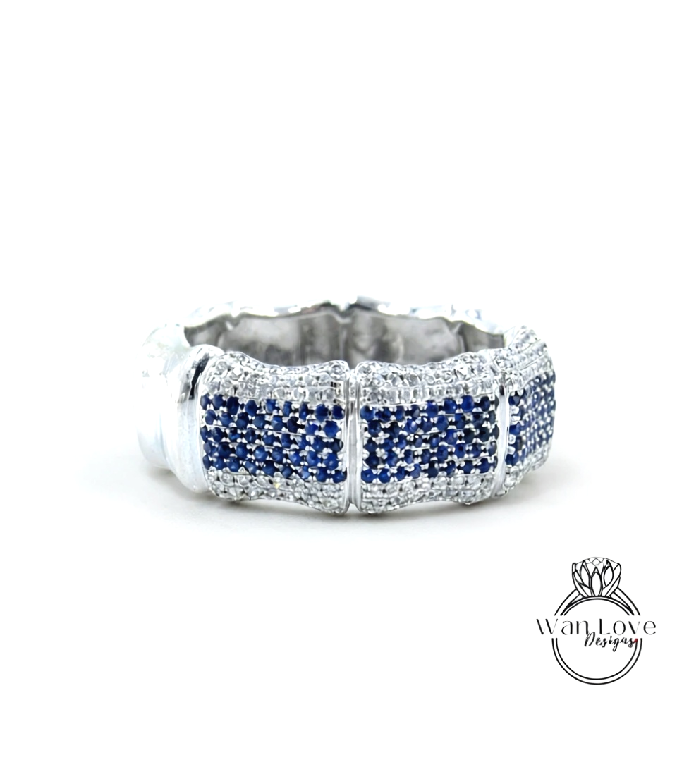 Blue Sapphire & Lab Diamond Bamboo Wedding Band, Mens, Mans Ring, CZ, Custom, Engagement, Anniversary Gift, Commitment, Ready to Ship