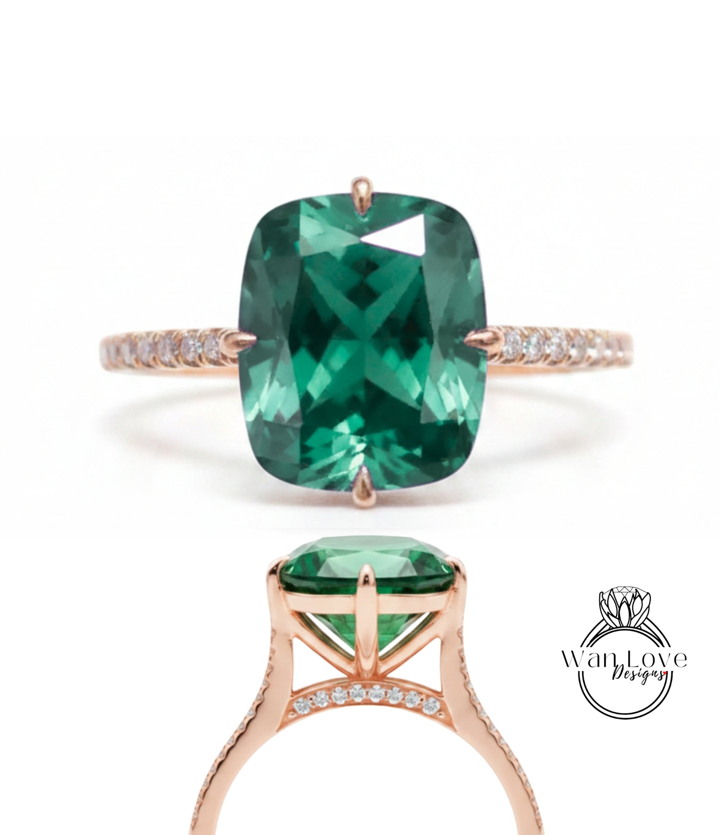 A large, green gemstone engagement ring with a rose gold band and small diamonds.