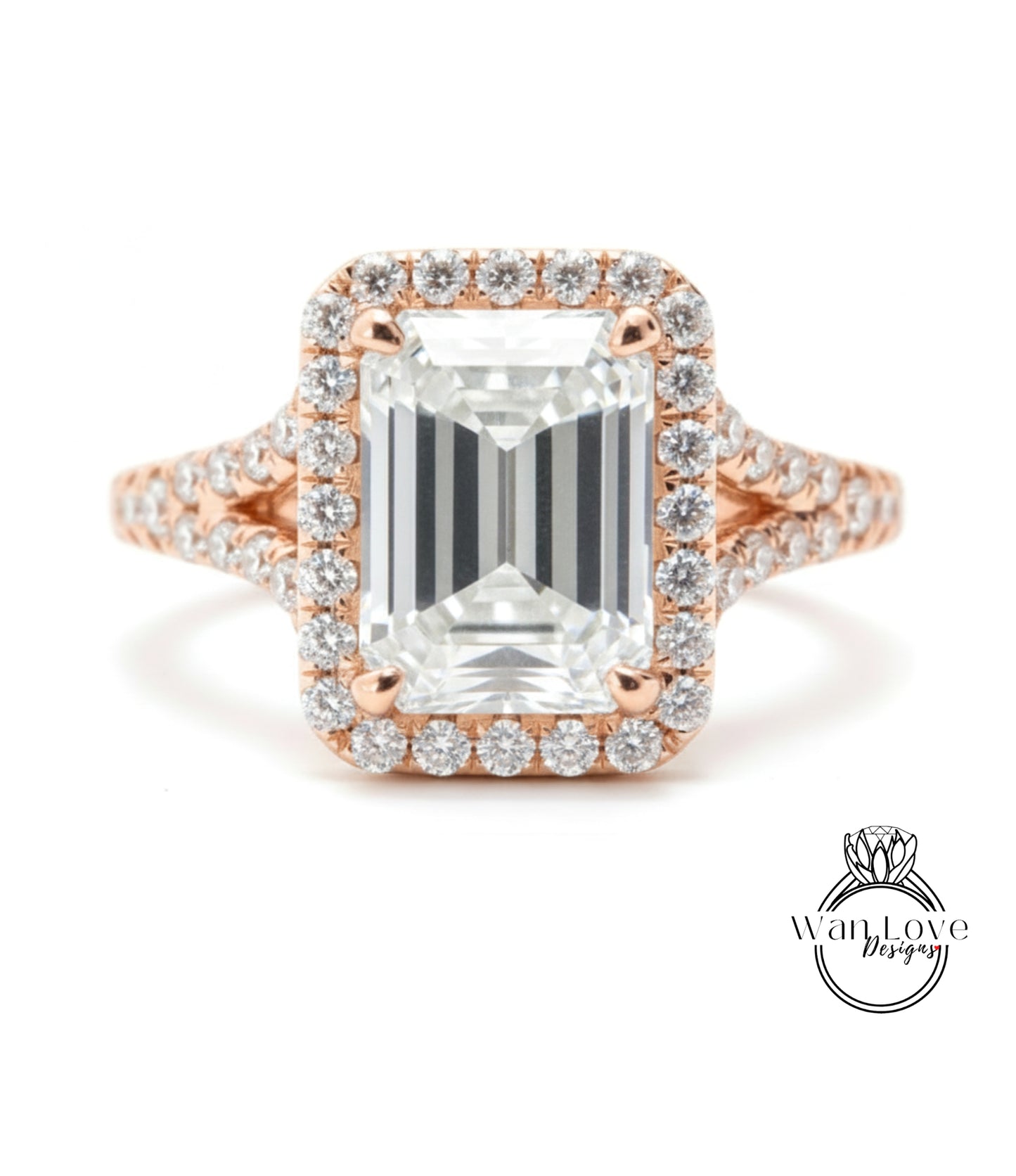 A large, clear diamond engagement ring with a halo of smaller diamonds around the center stone.