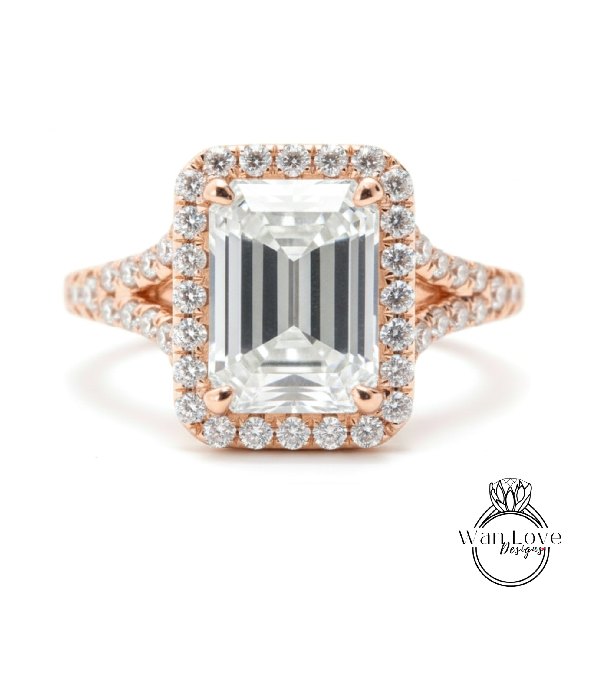 A large, clear diamond engagement ring with a halo of smaller diamonds around the center stone.