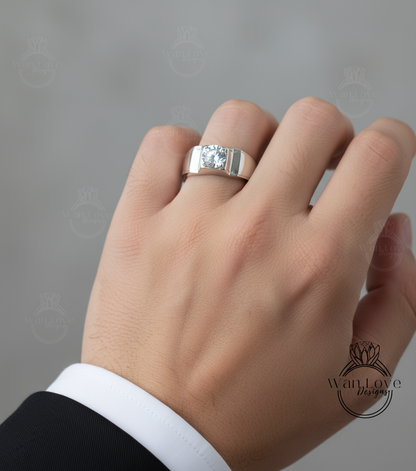 1ct White Sapphire Ring Wedding Band, Mens Wedding Ring, Mans Wedding Band, Solitaire Ring, Round Mens Wedding Ring, 6mm-Ready to Ship