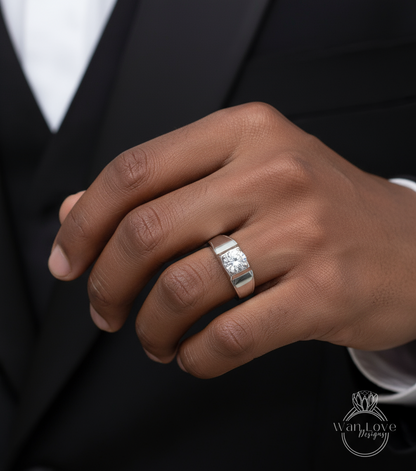 1ct White Sapphire Ring Wedding Band, Mens Wedding Ring, Mans Wedding Band, Solitaire Ring, Round Mens Wedding Ring, 6mm-Ready to Ship