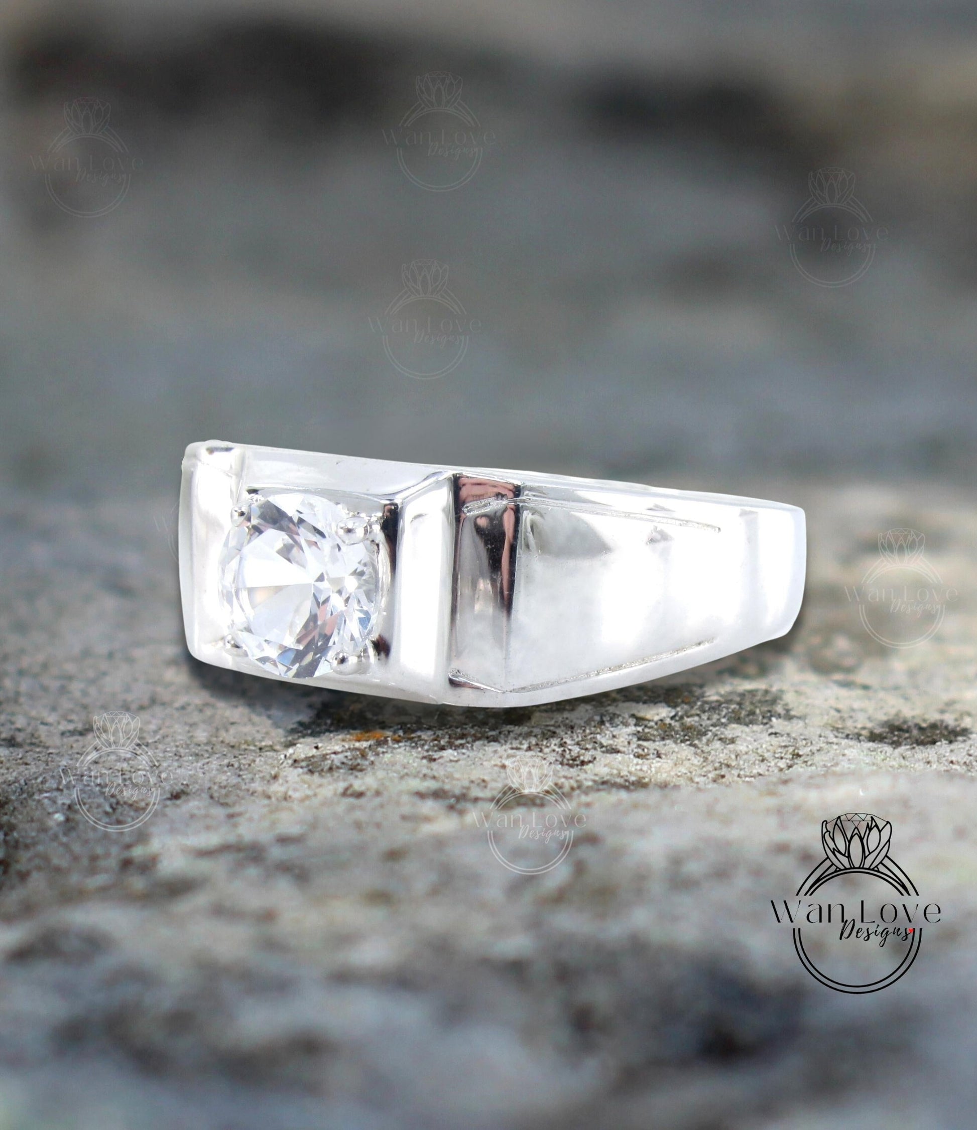 1ct White Sapphire Ring Wedding Band, Mens Wedding Ring, Mans Wedding Band, Solitaire Ring, Round Mens Wedding Ring, 6mm-Ready to Ship Wan Love Designs